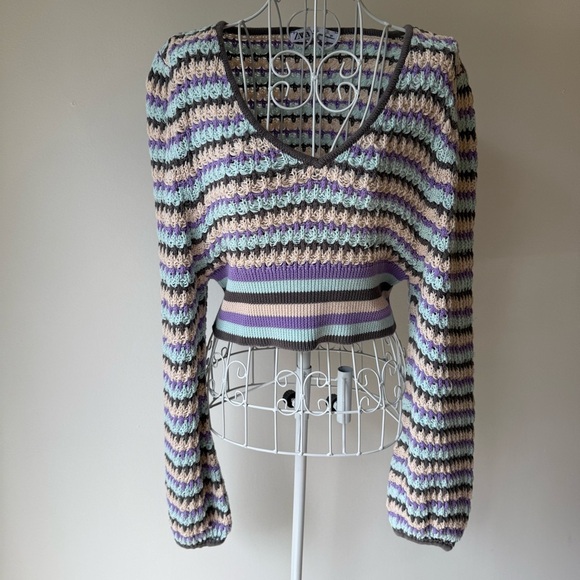 Zara striped crochet knit cropped sweater top ballon long sleeve cotton L V Neck - Picture 1 of 8